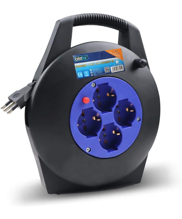 Avvolgicavo Elettrico Prolunga Elettrica 8 Metri 4 Prese Polivalenti Schuko + 10A/16A Spina 16A