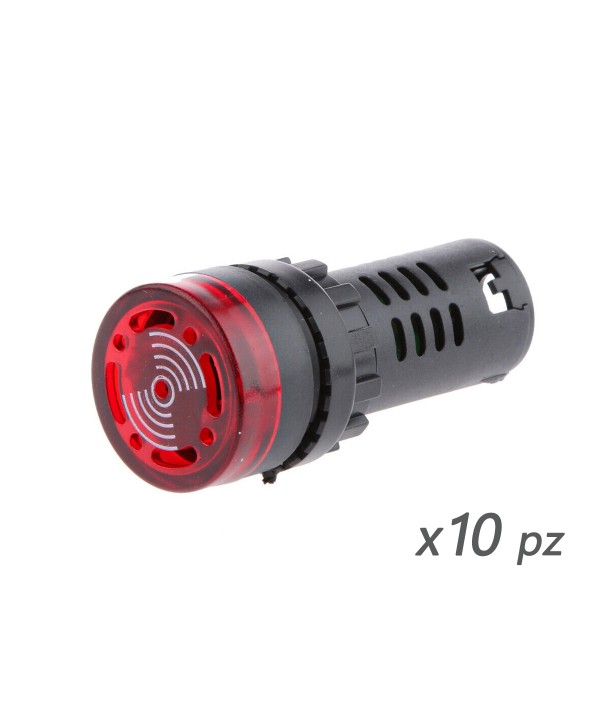 10 Pezzi Indicatore Led Rosso AC 220V Buzzer Allarme Acustico Da Incasso Foro 22mm