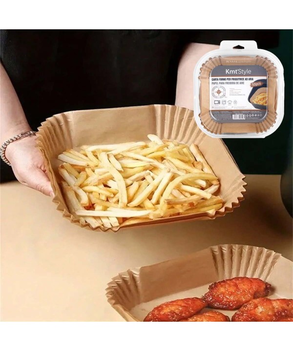 50 Pezzi Carta Forno per Friggitrice ad Aria Quadrato Antigrasso Fodera in Carta Monouso 16x4cm