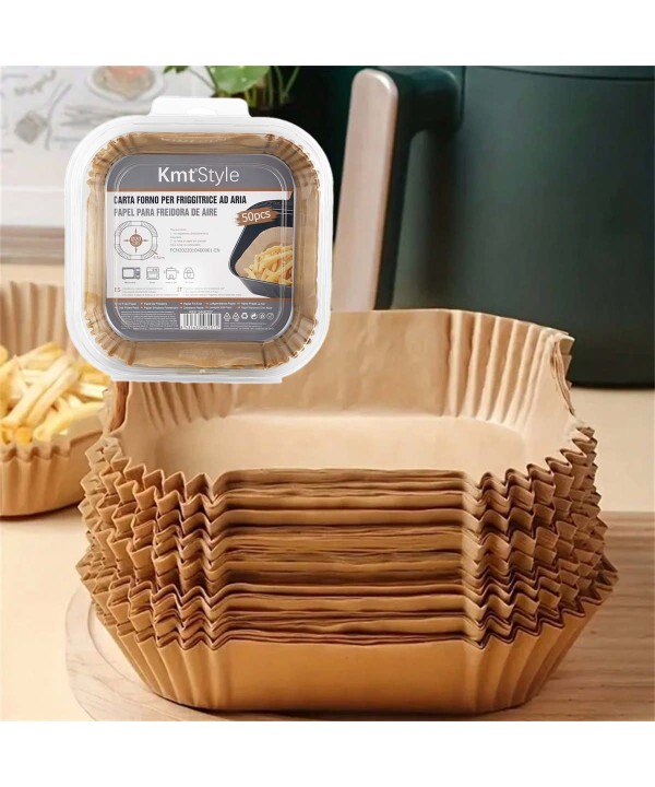 50 Pezzi Carta Forno per Friggitrice ad Aria Quadrato Antigrasso Fodera in Carta Monouso 20x4.5cm
