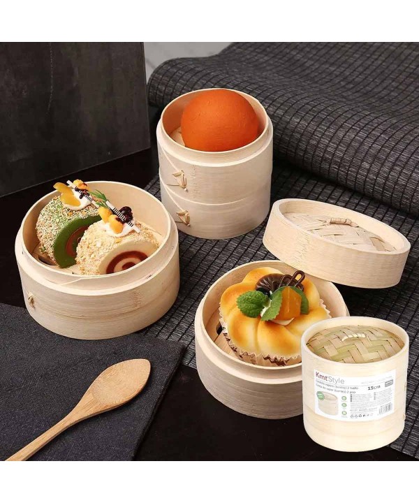 Cestello per Cottura a Vapore di Bambù a 2 Livelli Lavabile per Ravioli Verdure Dimsum e molti altri 15cm Diametro e Alto 13.5cm