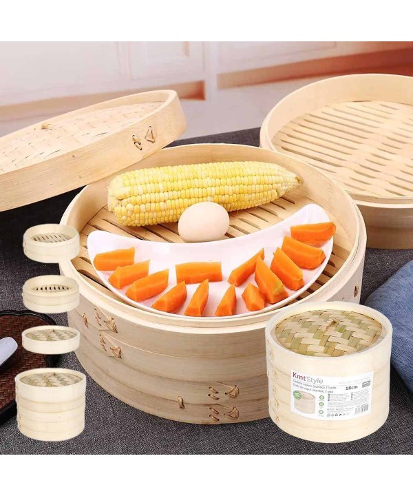 Cestello per Cottura a Vapore di Bambù a 2 Livelli Lavabile per Ravioli Verdure Dimsum e molti altri 18cm Diametro e Alto 13.5cm