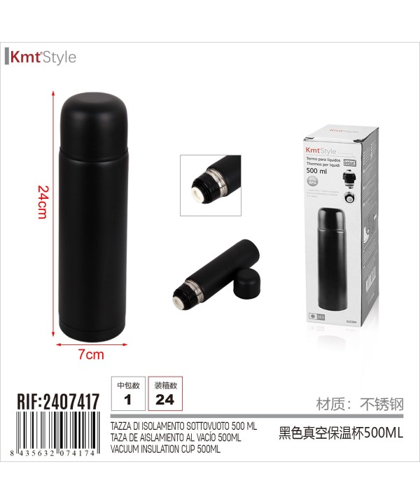 Bottiglia Termica Thermos 24H Caldo e 24H Freddo Modello Classico Colore Nero 500mL H24XW7cm