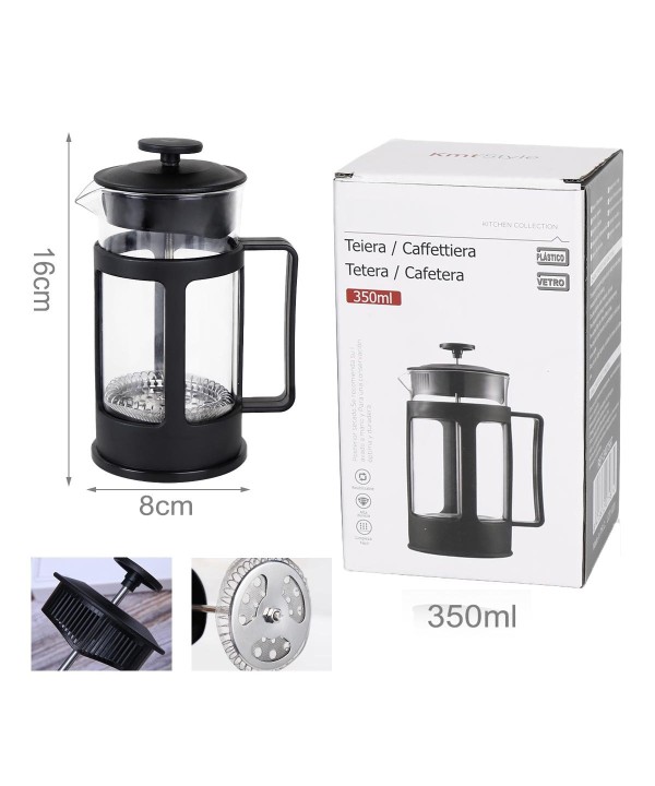 Caffettiera Teiera Termica a Doppia Parete con Filtro Manuale e Manico in Vetro Borosilicato 350ml