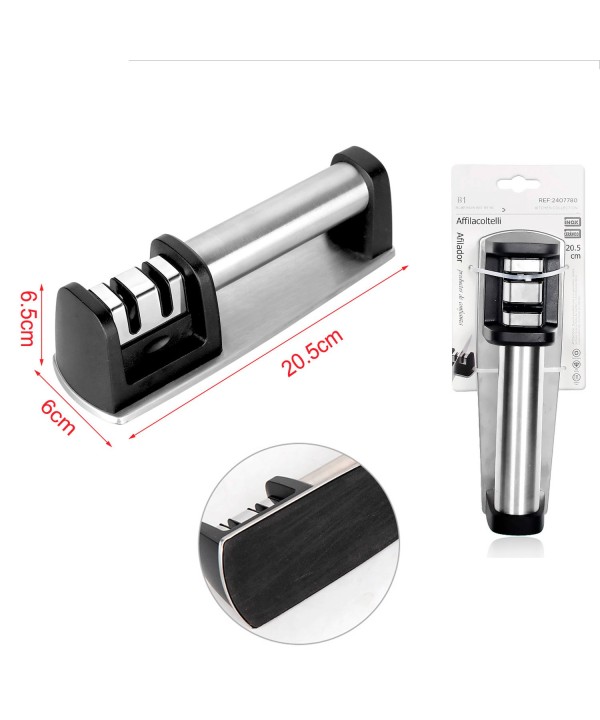 Affilacoltelli da Cucina a 2 in Acciaio Inox per Coltelli Dritti Forbici con Base Antiscivolo L20.5xW6xH6.5cm