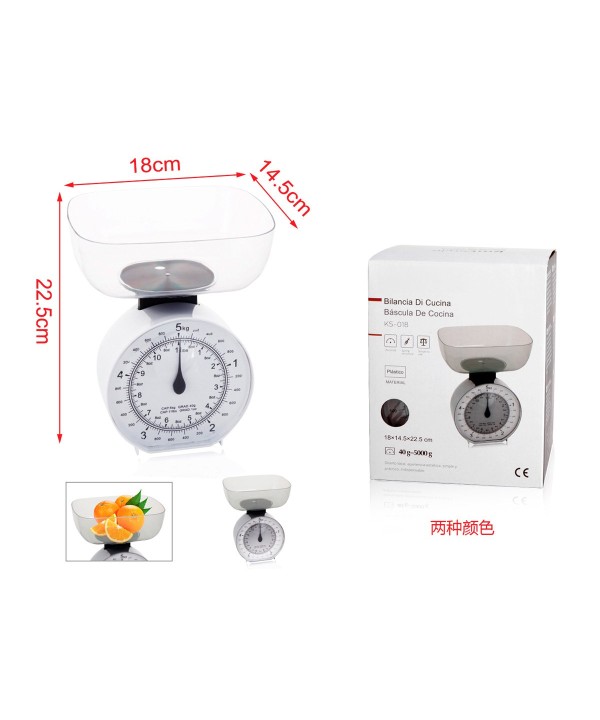 Bilancia Analogica Rotonda da Cucina con Ciotola 18cmx14.5cm Portata da 40g Max 5000g Sistema a Molle Precise e Semplice H 22.5cm
