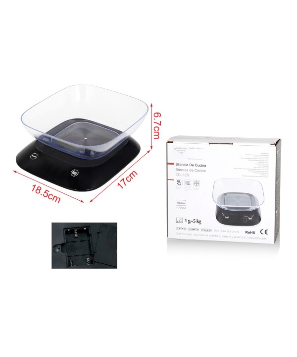 Mini Bilancia Digitale LED da Cucina con Ciotola Portata da 1g Max 5Kg L18.5xW17XH6.7cm a 3 Batteria AAA Non Incluso