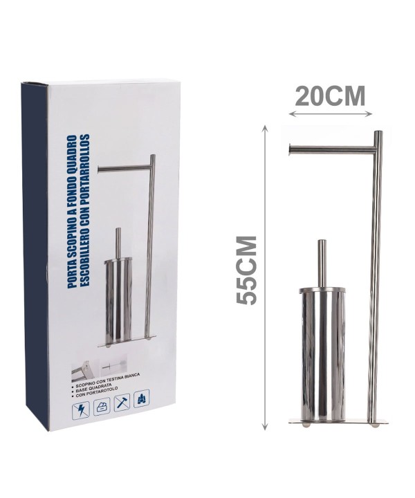 Piantana Portarotolo e Scopino da Bagno in Acciaio Inossidabile con la Base Quadrata Altezza 55cm x Larghezza 20cm