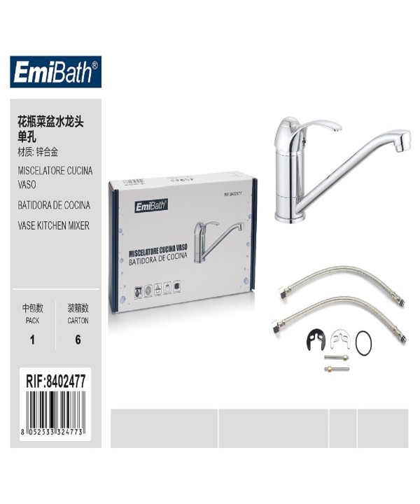 Kit Rubinetto Cucina Bocca Bassa Appogio Su Lavello Misura 105x240mm Argento Cromato