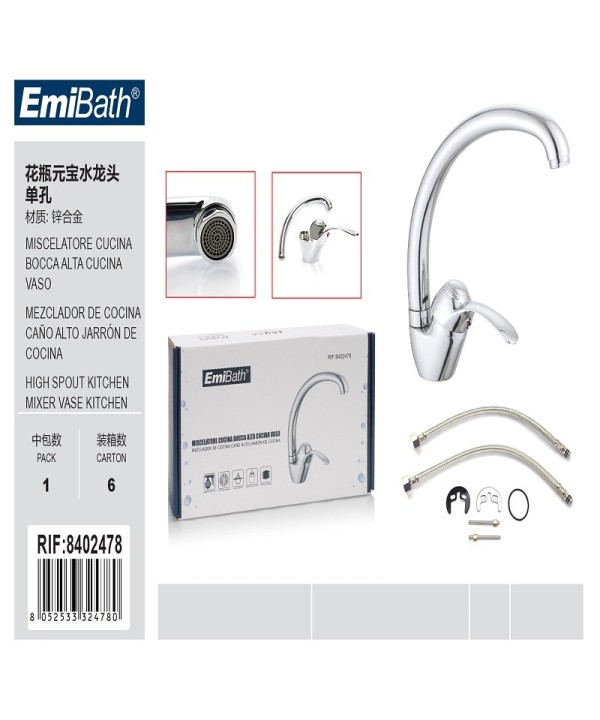 Kit Rubinetto Da Cucina Bocca Alta Con Miscelatore Misura 250x215mm Colore Argento Cromato