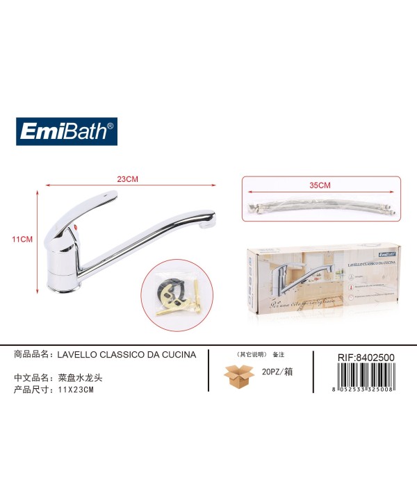 Kit Rubinetto Cucina Bocca Bassa Appogio Su Lavello Misura 110x230mm Argento Cromato