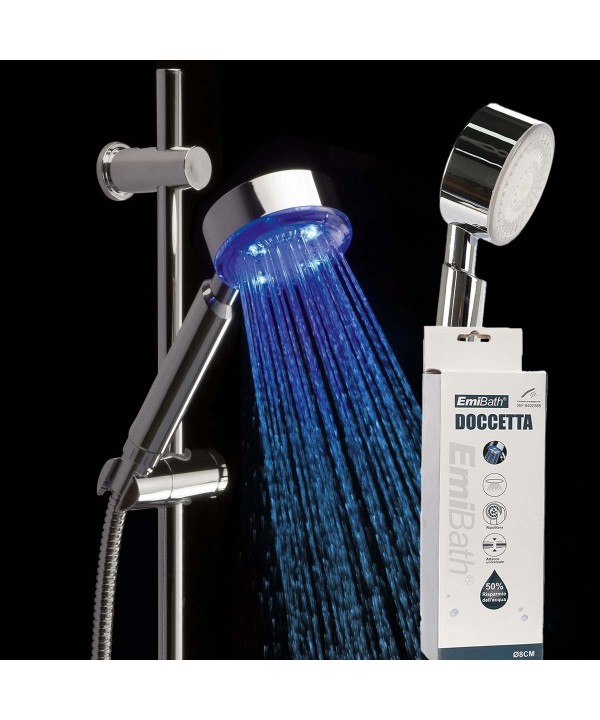 Soffione Doccia con Luce Singolo da 1 Getto Stile Moderno Colore Cromato Diametro 8cm Lunghezza 21.5cm