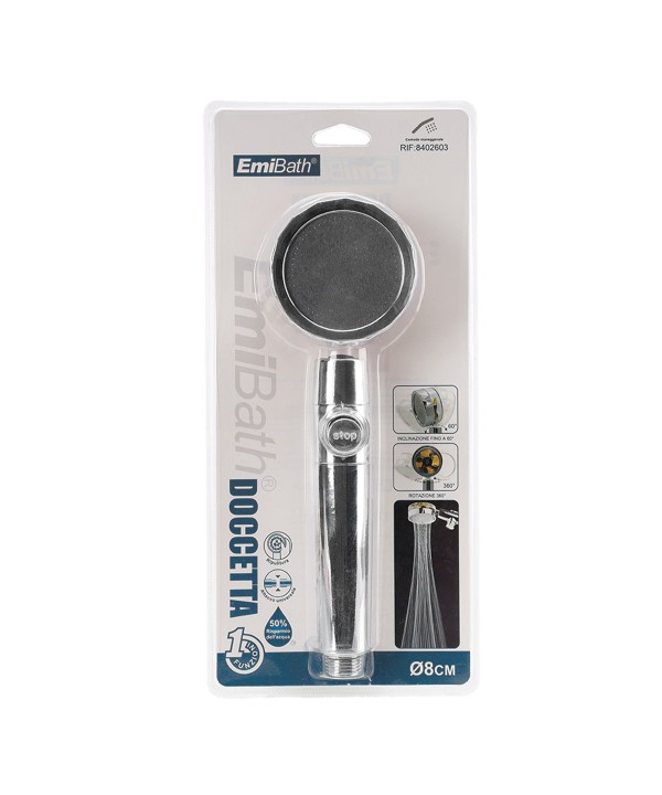 Cornetta Soffione Doccia 8cm con Rotazione 360 Interruttore STOP Inclinazione fino 60 Gradi Atacco Universale 20mm Getto Tocco Morbido