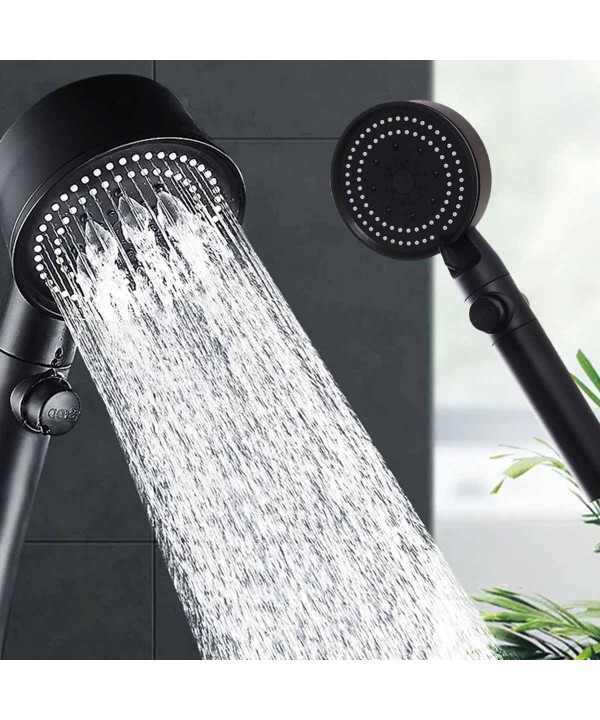 Soffione Doccia Nero Stile Moderno con 5 Getti con Interruttore Stop Diametro 8.8cm Lunghezza 25.5cm