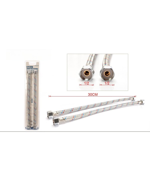 Coppia Tubi Flessibili Per Miscelatore Rubinetto Lungo 30cm Connettori F 1/2" e F 1/2"