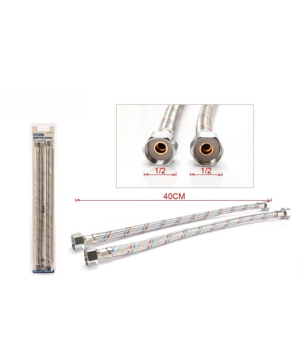 Coppia Tubi Flessibili Per Miscelatore Rubinetto Lungo 40cm Connettori F 1/2" e F 1/2"