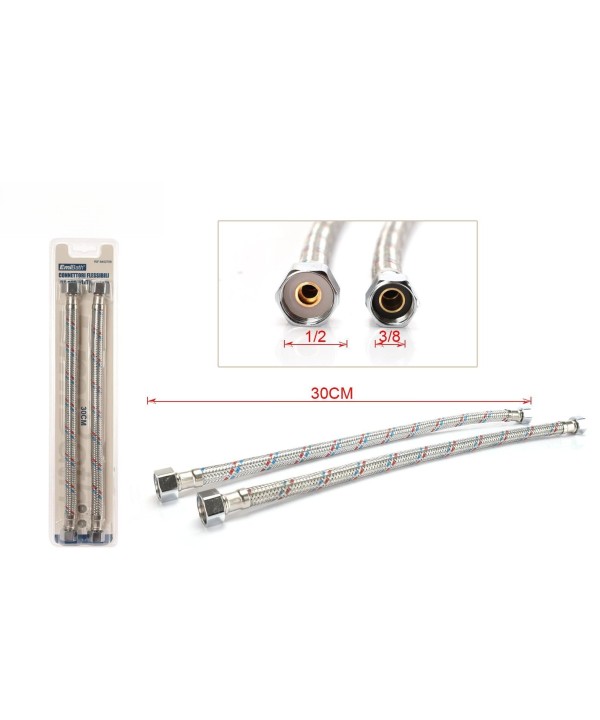 Coppia Tubi Flessibili Per Miscelatore Rubinetto Lungo 30cm Connettori F 1/2'' e F 3/8''