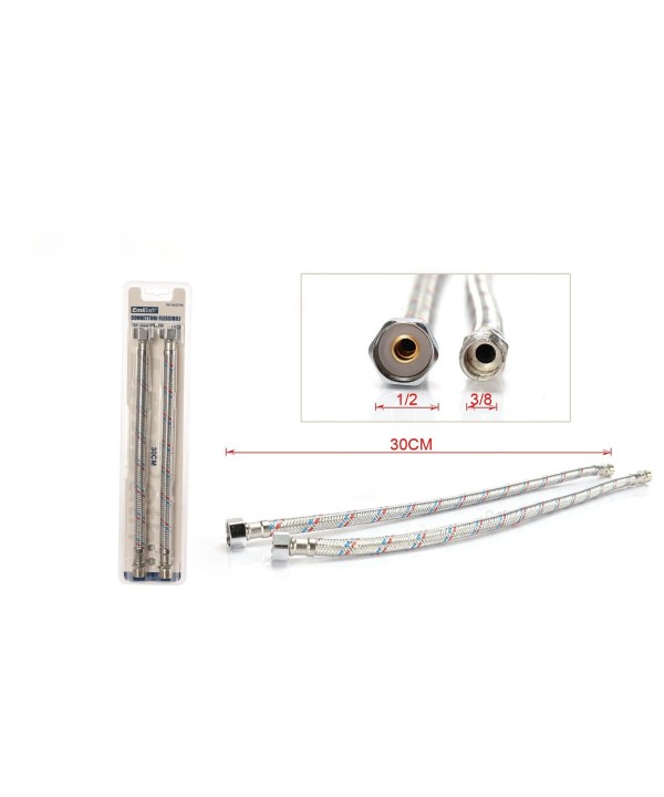 Coppia Tubi Flessibili Per Miscelatore Rubinetto Lungo 30cm Connettori F 1/2" e M 3/8"