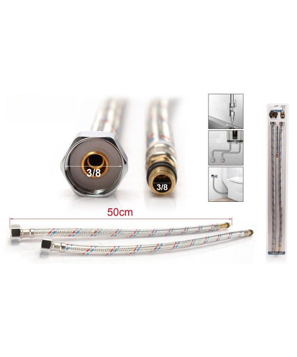 Coppia Tubi Flessibili Per Miscelatore Rubinetto Lungo 50cm Connettori F 3/8" e M 3/8"