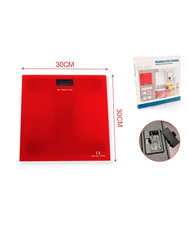 Bilancia Pesapersone Digitale LED in Vetro 30x30cm in Chilogrammi Avvio Automatico a Batteria 2 AAA Escluse Colore Rosso Corrallo