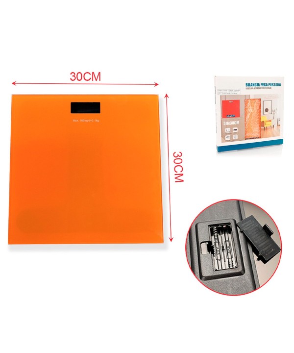 Bilancia Pesapersone Digitale LED in Vetro 30x30cm in Chilogrammi Avvio Automatico a Batteria 2 AAA Escluse Colore Giallo Arancione