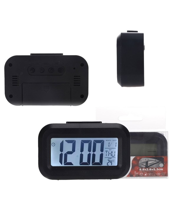 Sveglia Digitale Mini Rettangolare Colore Nero Silensioza Allimentato a 2 Batterie AAA