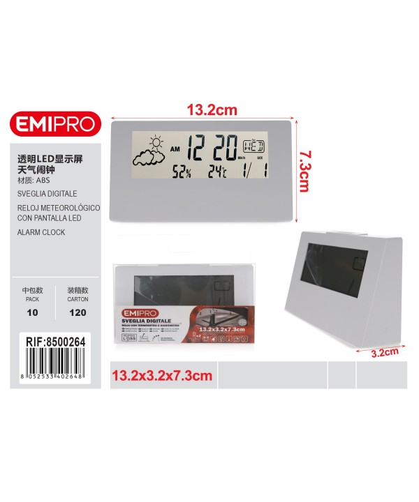 Sveglia Digitale Rettangolare 13cm Colore Bianco Alimentato con Batteria 2x LR44 Inclusi