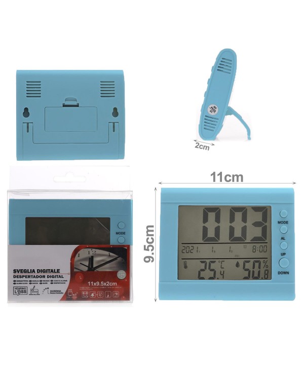 Sveglia Digitale Quadrato con Supporto Colore Blu Acqua Silensioza Alimentato con 2x Batteria AAA