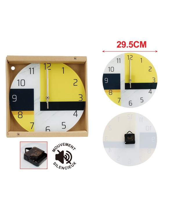 Orologio Da Parete Diametro 29.5cm In Vetro Disegno Giallo Bianco Nero