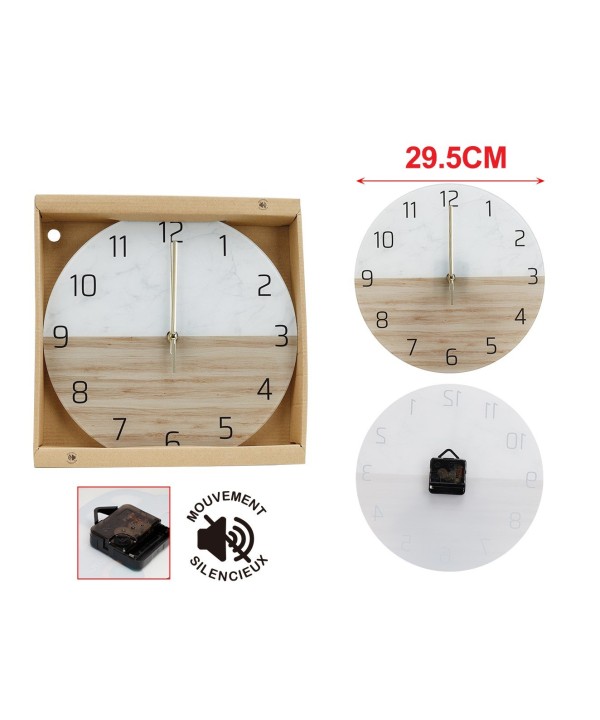 Orologio Da Parete Diametro 29.5cm In Vetro Disegno Bianco Legno Parquet