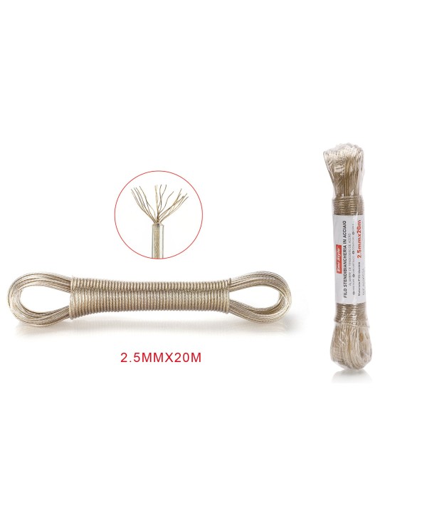20 Metri Cavo Filo Stendibiancheria In Acciaio per Esterno Diametro 2.5mm