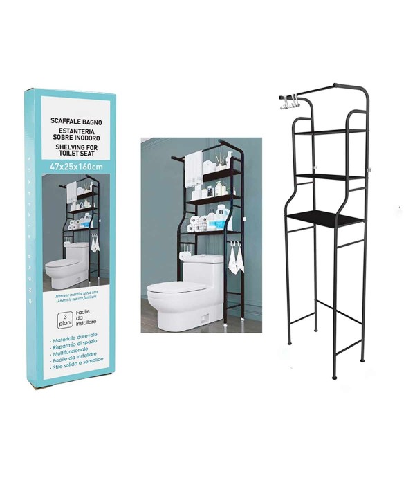 Scaffale per WC Bagno con 3 Ripiani Portaoggetti Salvaspazio Multifunzione in Ferro Nero Facile da Installare 47x25x160 cm
