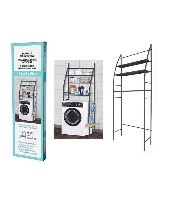 Scaffale per Lavatrice con 3 Ripiani Portaoggetti Salvaspazio Nero 166x65x25 cm