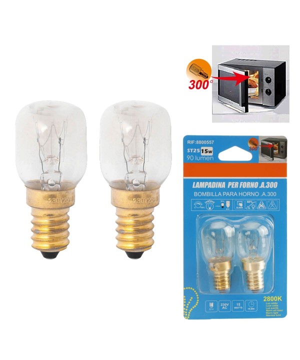 2 Lampadine Da Forno e Microonde E14 ST25 15W 230V 80 Lumen 2800K Resistente Alta Temperatura Fino a 300 Gradi