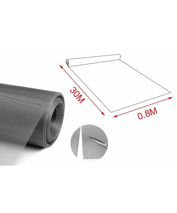 30 Metri Rete Zanzariera In Fibra di Vetro Larghezza 80cm Maglia 1.8X1.6mm Colore Grigio