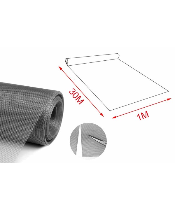 30 Metri Rete Zanzariera In Fibra di Vetro Larghezza 100cm Maglia 1.8X1.6mm Colore Grigio
