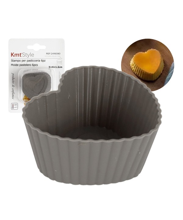 6 Pezzi Stampo Cuoricino Forma Muffin Cupcake Budini da 5 x 1.5 x 4cm in Silicone di Alta Qualità Riutilizzabili