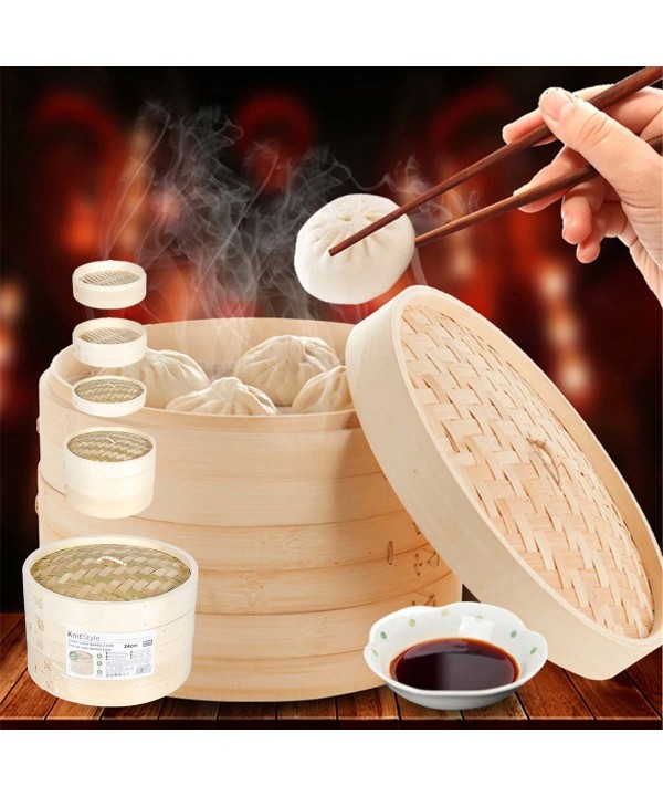 Cestello per Cottura a Vapore di Bambù a 2 Livelli Lavabile per Ravioli Verdure Dimsum e molti altri 24cm Diametro e Alto 15.3cm