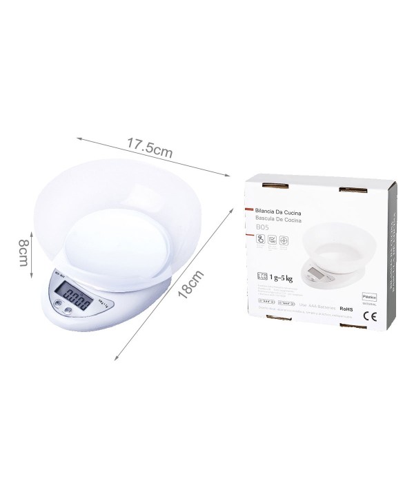 Mini Bilancia Digitale con Schermo LED da Cucina con Ciotola Misura in KG e G 18cmx17.5cm a 2 Batteria AAA
