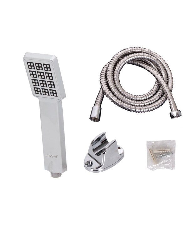 Kit Soffione Doccia + Tubo Flessibile Doccia 1,5M + Staffa Supporto Da Muro Cromato Rettangolare