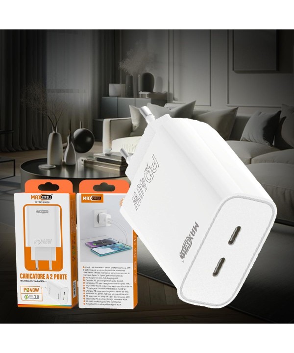 Caricatore da Muro con 2 Porte da 20W 2A USB-C PD40W Carica Rapida 3.0 per Iphone Android Tablet e Console
