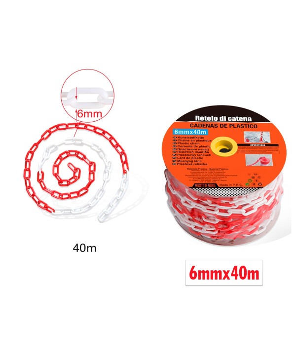 Rotolo di Catena a Maglia Barbazzale in Plastica Colore Rosso Bianco Alternato Spessore 6mm x 40 metri