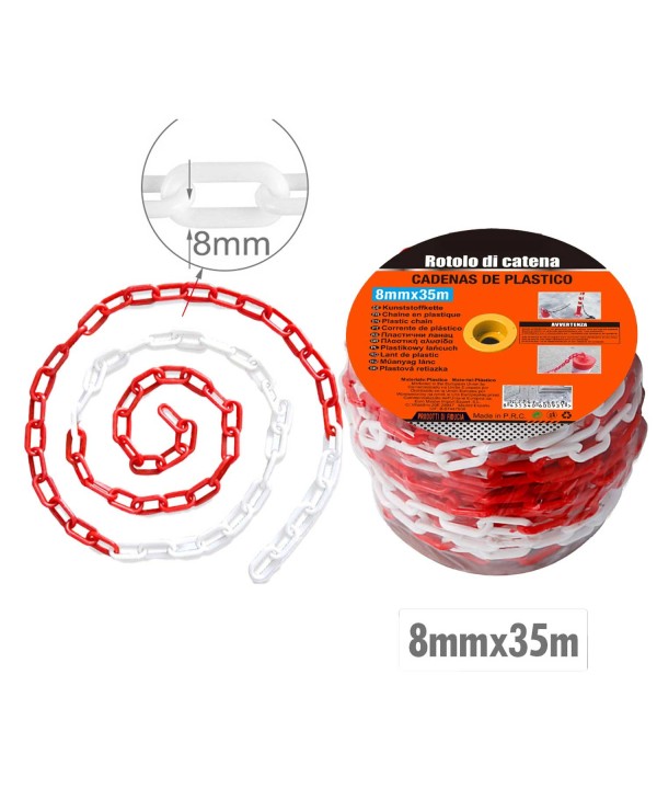 Rotolo di Catena a Maglia Barbazzale in Plastica Colore Rosso Bianco Alternato Spessore 8mm x 35 metri