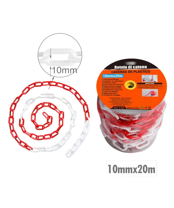Rotolo di Catena a Maglia Barbazzale in Plastica Colore Rosso Bianco Alternato Spessore 10mm x 20 metri