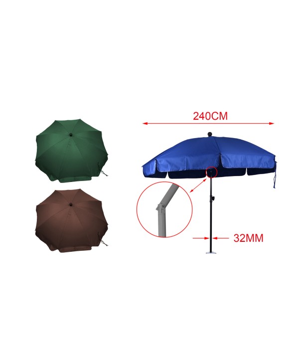 Ombrellone da Giardino Diametro 240cm Con Inclinazione Regolabile 8 Stecche Palo 32mm
