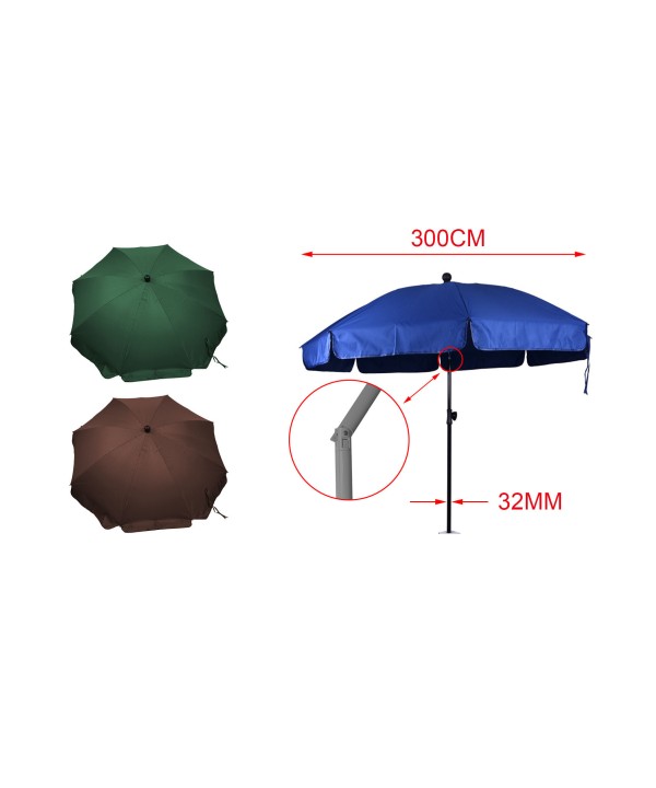 Ombrellone da Giardino Diametro 300cm Con Inclinazione Regolabile 8 Stecche Palo 32mm