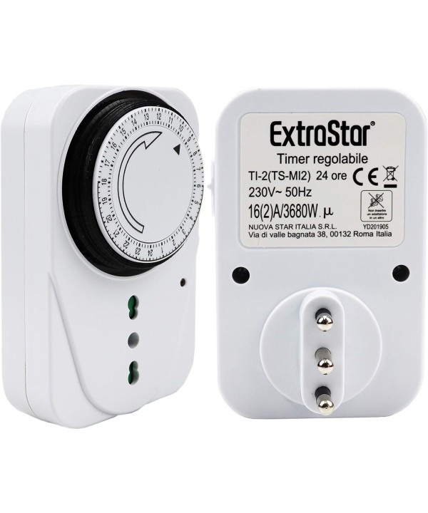 Temporizzatore Meccanico Timer Regolabile 24 Ore Con Spina 16A Presa Bipasso 10/16A Max 3680W