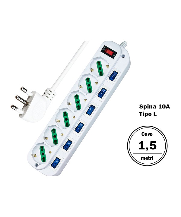 Multipresa Ciabatta Elettrica Con 6 Posti Prese Schuko 10/16A + 7 Interruttori Spina 10A Piccola Tipo L Cavo Da 1,5 Metri