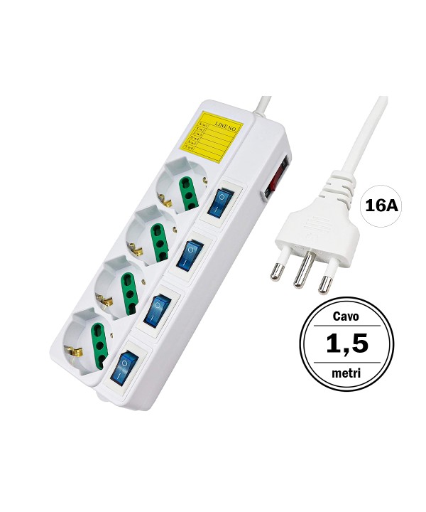 Multipresa Ciabatta Elettrica Con 4 Posti Prese Schuko 10/16A + 5 Interruttori On Off Indipendente Cavo Da 1,5 Metri