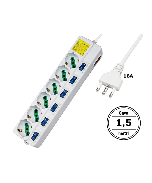 Multipresa Ciabatta Elettrica Con 6 Posti Prese Schuko 10/16A + 7 Interruttori On Off Indipendente Cavo Da 1,5 Metri